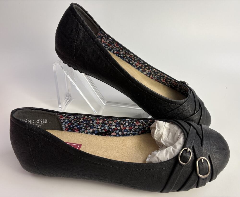 POP Nelly Double Buckle Ballet Flats Black Memory Foam Women's Shoes Size 8M New